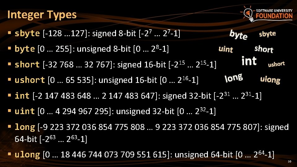 Integer Types § sbyte [-128 … 127]: signed 8 -bit [-27 … 27 -1]