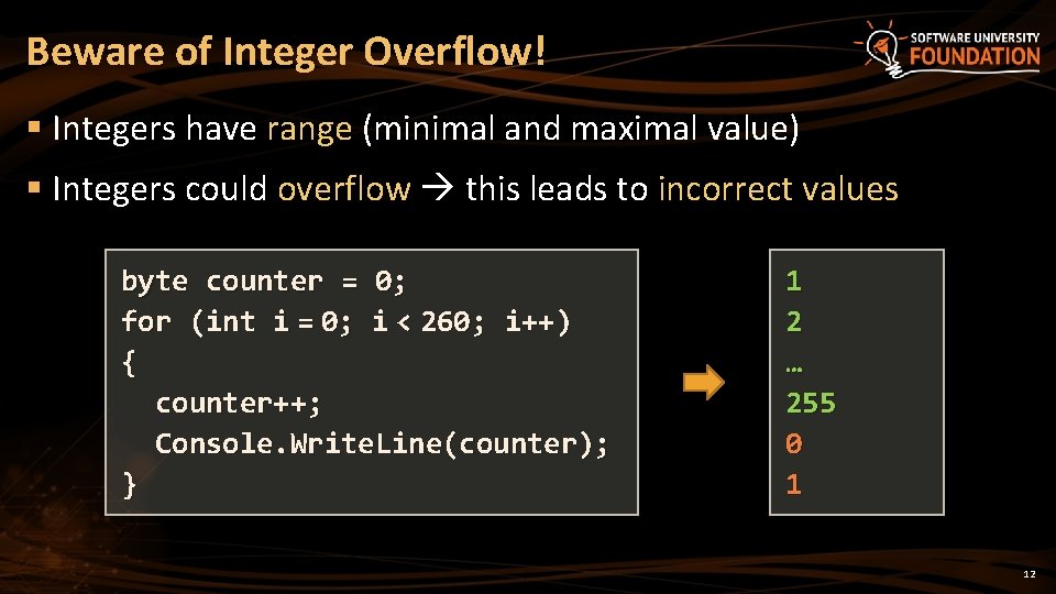 Beware of Integer Overflow! § Integers have range (minimal and maximal value) § Integers Beware of Integer Overflow! § Integers have range (minimal and maximal value) § Integers