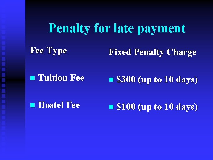 Penalty for late payment Fee Type Fixed Penalty Charge n Tuition Fee n $300