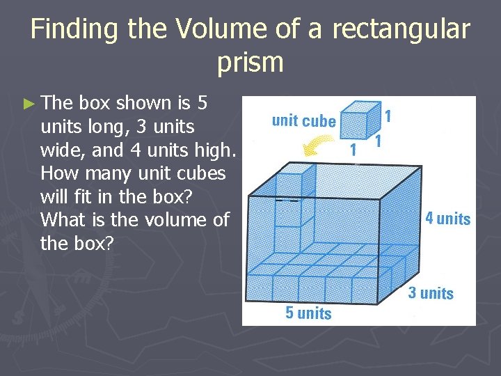 Finding the Volume of a rectangular prism ► The box shown is 5 units