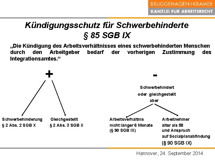 Kündigungsschutz für Schwerbehinderte § 85 SGB IX „Die Kündigung des Arbeitsverhältnisses eines schwerbehinderten Menschen