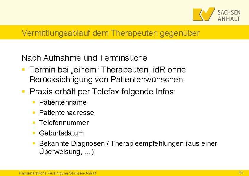 Vermittlungsablauf dem Therapeuten gegenüber Nach Aufnahme und Terminsuche § Termin bei „einem“ Therapeuten, id.