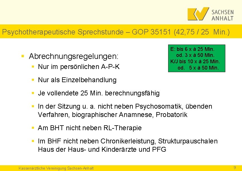 Psychotherapeutische Sprechstunde – GOP 35151 (42, 75 / 25 Min. ) § Abrechnungsregelungen: §