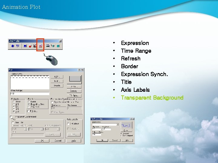 Animation Plot • • Expression Time Range Refresh Border Expression Synch. Title Axis Labels