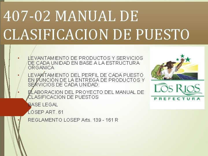 407 -02 MANUAL DE CLASIFICACION DE PUESTO • LEVANTAMIENTO DE PRODUCTOS Y SERVICIOS DE