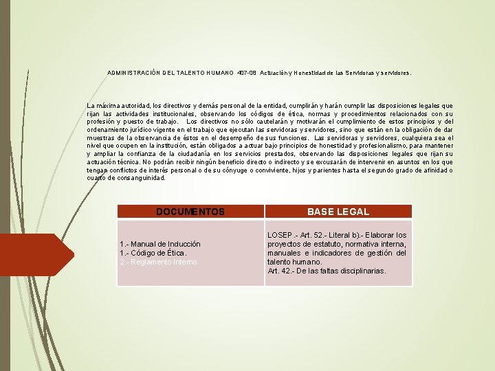 ADMINISTRACIÓN DEL TALENTO HUMANO 407 -08 Actuación y Honestidad de las Servidoras y servidores.