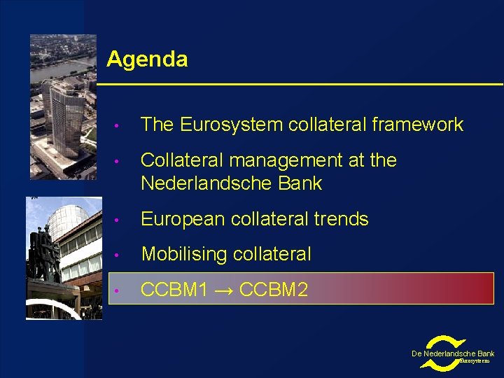 Agenda • The Eurosystem collateral framework • Collateral management at the Nederlandsche Bank •