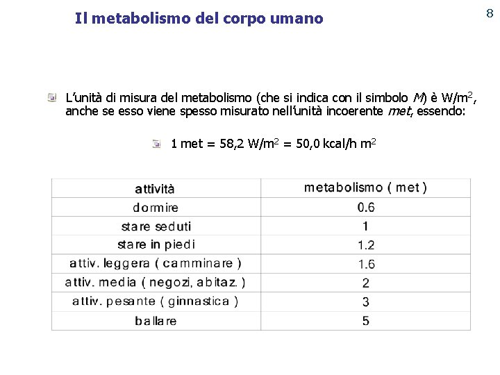 8 Il metabolismo del corpo umano PUNTO ENERGIA L’unità di misura del metabolismo (che