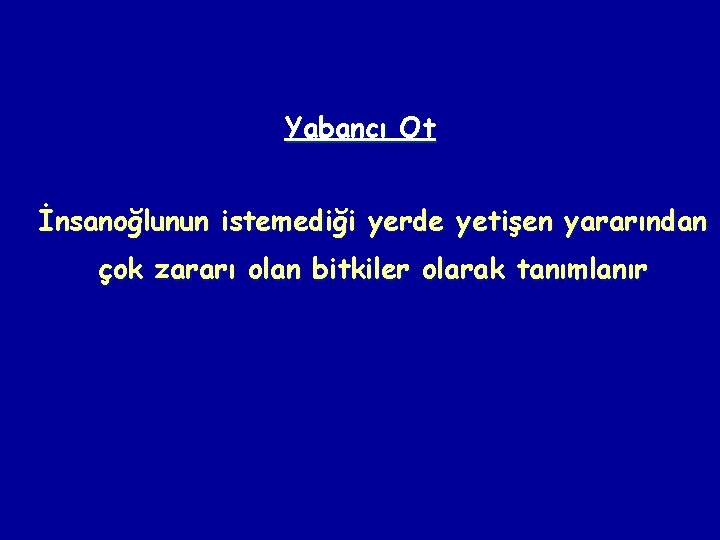 Yabancı Ot İnsanoğlunun istemediği yerde yetişen yararından çok zararı olan bitkiler olarak tanımlanır 