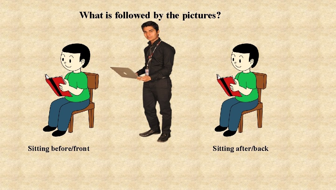 What is followed by the pictures? Sitting before/front Sitting after/back 