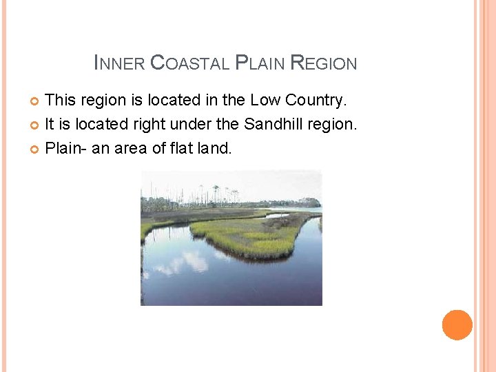 INNER COASTAL PLAIN REGION This region is located in the Low Country. It is INNER COASTAL PLAIN REGION This region is located in the Low Country. It is
