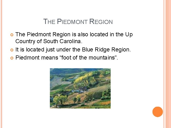 THE PIEDMONT REGION The Piedmont Region is also located in the Up Country of THE PIEDMONT REGION The Piedmont Region is also located in the Up Country of