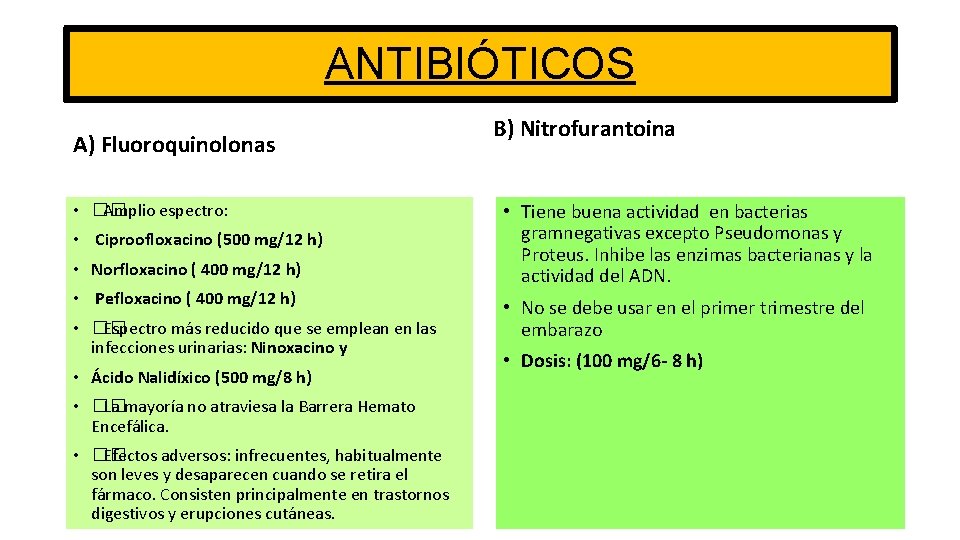 ANTIBIÓTICOS A) Fluoroquinolonas • �� Amplio espectro: • Ciproofloxacino (500 mg/12 h) • Norfloxacino
