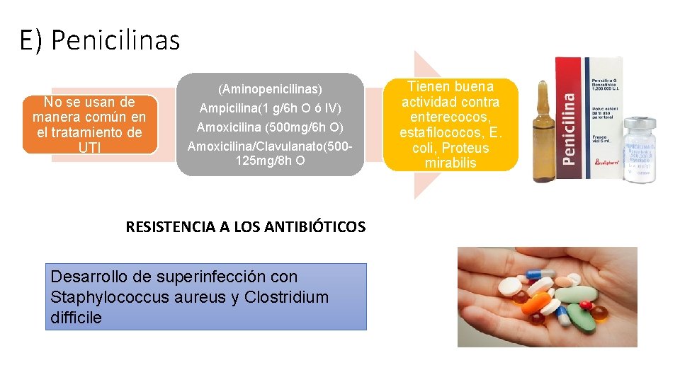 E) Penicilinas No se usan de manera común en el tratamiento de UTI (Aminopenicilinas)