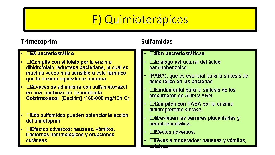 F) Quimioterápicos Trimetoprim Sulfamidas • �� Es bacteriostático • �� Son bacteriostáticas • ��