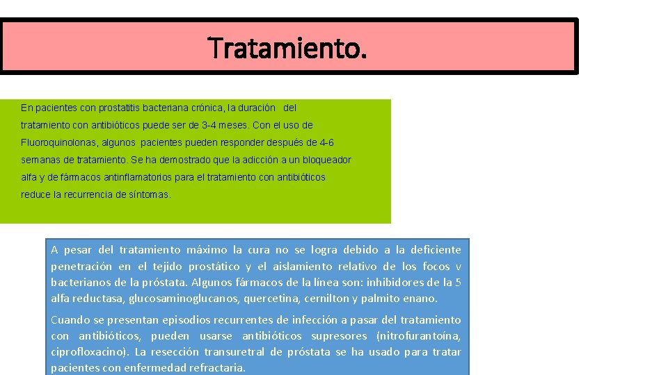 Tratamiento. En pacientes con prostatitis bacteriana crónica, la duración del tratamiento con antibióticos puede