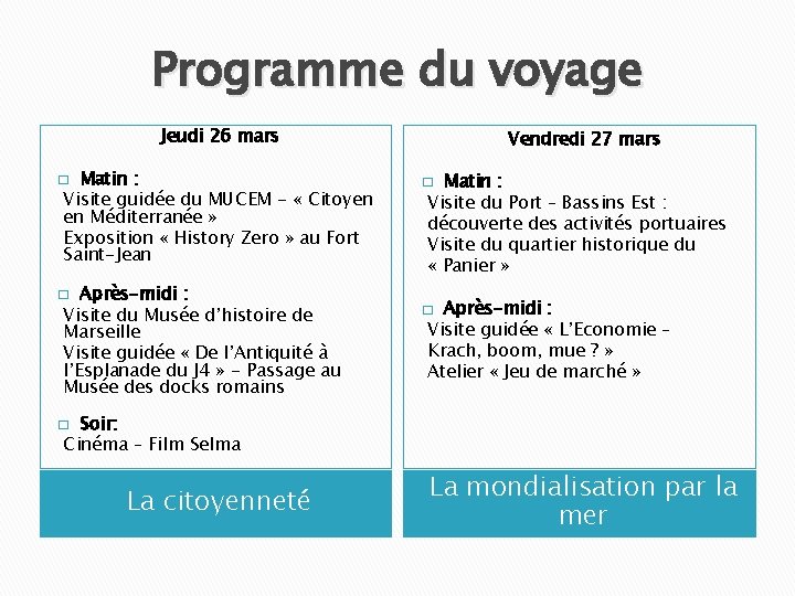 Programme du voyage Jeudi 26 mars Matin : Visite guidée du MUCEM - «