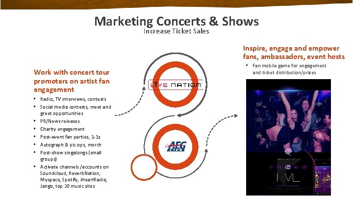 Marketing Concerts & Shows Increase Ticket Sales Inspire, engage and empower fans, ambassadors, event