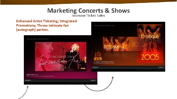 Marketing Concerts & Shows Increase Ticket Sales Enhanced Artist Ticketing; Integrated Promotions; Throw intimate