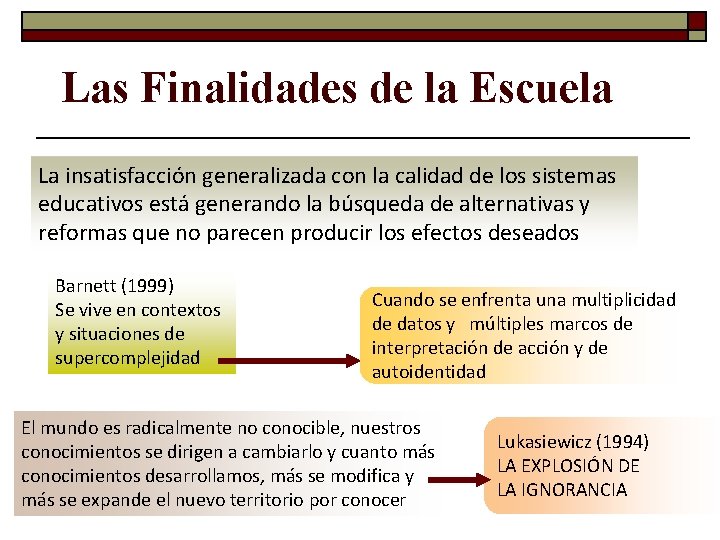 Las Finalidades de la Escuela La insatisfacción generalizada con la calidad de los sistemas