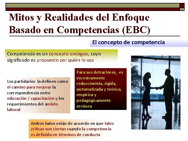 Mitos y Realidades del Enfoque Basado en Competencias (EBC) El concepto de competencia Competencia