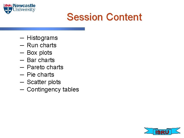 Session Content – – – – Histograms Run charts Box plots Bar charts Pareto