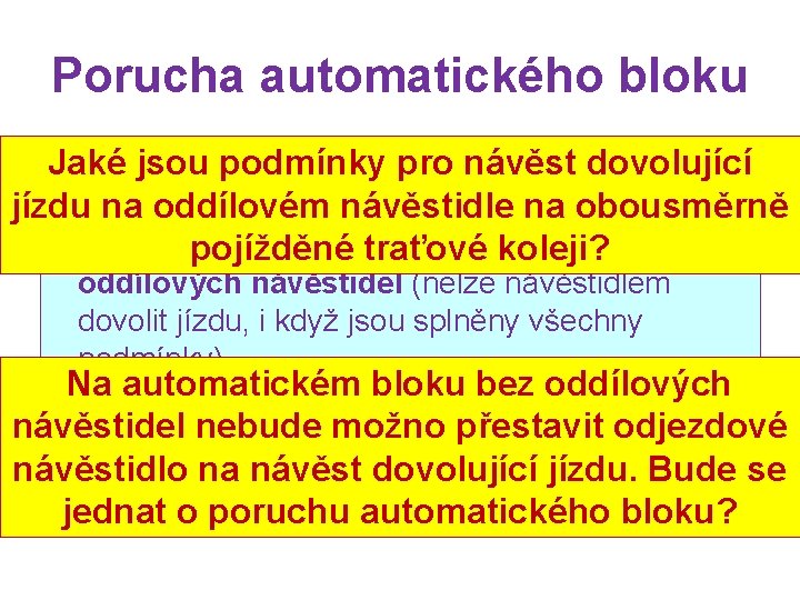 Porucha automatického bloku • musíjsou být zavedeno telefonické dorozumívání Jaké podmínky pro návěst dovolující