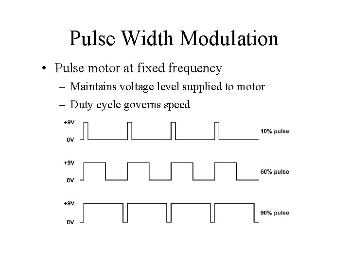 Pulse Width Modulation • Pulse motor at fixed frequency – Maintains voltage level supplied