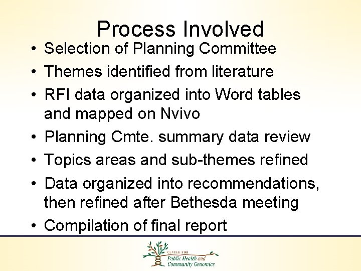 Process Involved • Selection of Planning Committee • Themes identified from literature • RFI