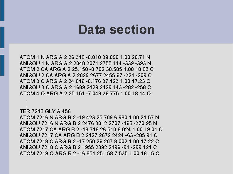 Data section ATOM 1 N ARG A 2 26. 318 -8. 010 39. 090