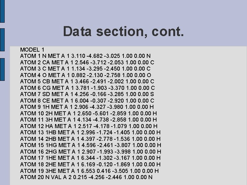 Data section, cont. MODEL 1 ATOM 1 N MET A 1 3. 110 -4.