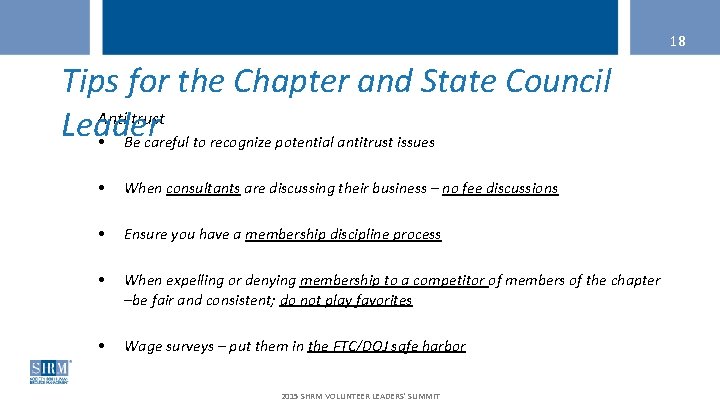 18 Tips for the Chapter and State Council Anti trust Leader • Be careful