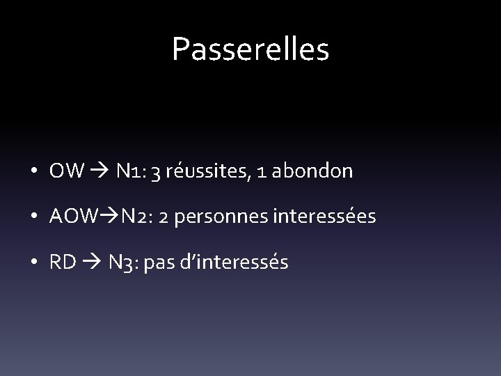 Passerelles • OW N 1: 3 réussites, 1 abondon • AOW N 2: 2