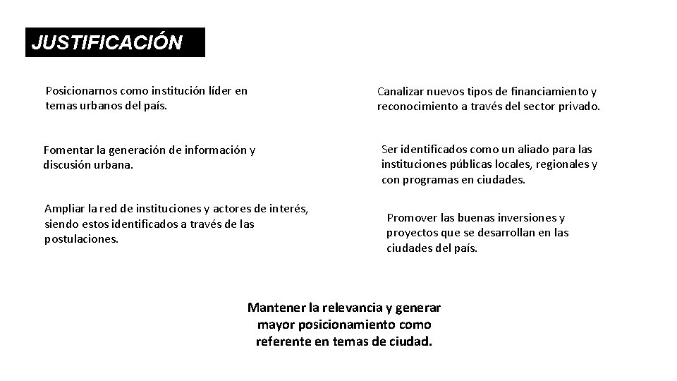 JUSTIFICACIÓN Posicionarnos como institución líder en temas urbanos del país. Canalizar nuevos tipos de