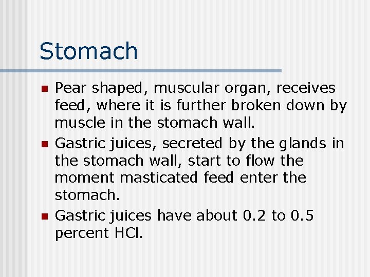 Stomach n n n Pear shaped, muscular organ, receives feed, where it is further