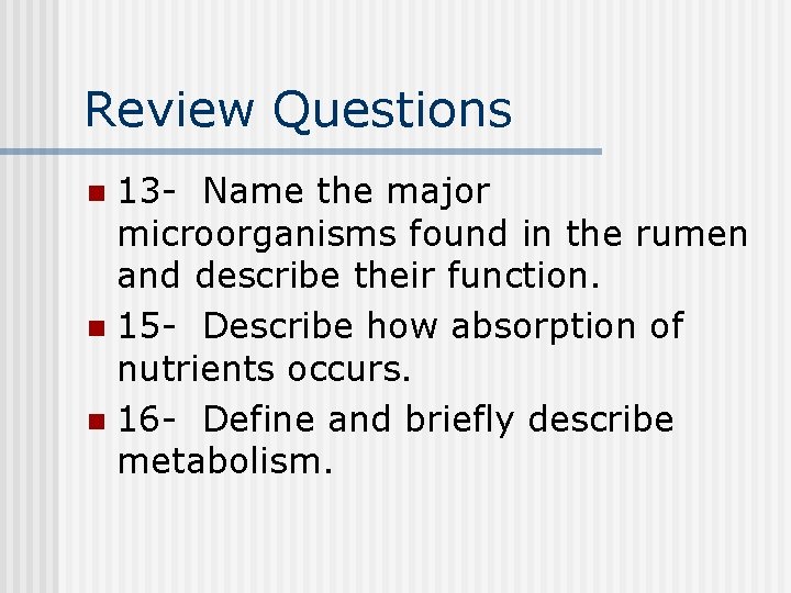 Review Questions 13 - Name the major microorganisms found in the rumen and describe