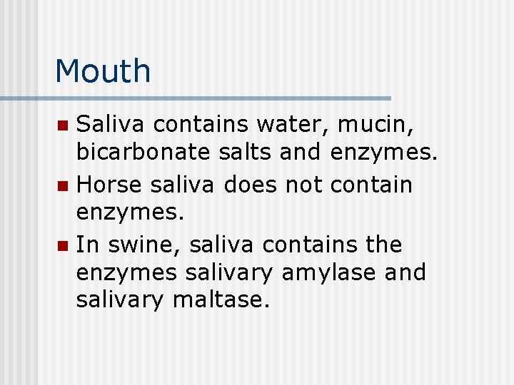 Mouth Saliva contains water, mucin, bicarbonate salts and enzymes. n Horse saliva does not