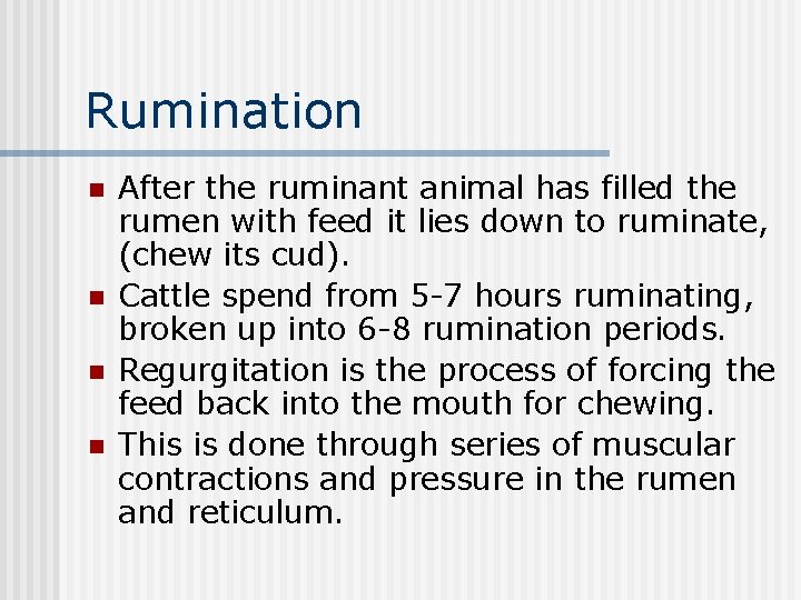 Rumination n n After the ruminant animal has filled the rumen with feed it