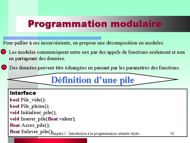 Programmation modulaire Pour pallier à ces inconvénients, on propose une décomposition en modules. Les