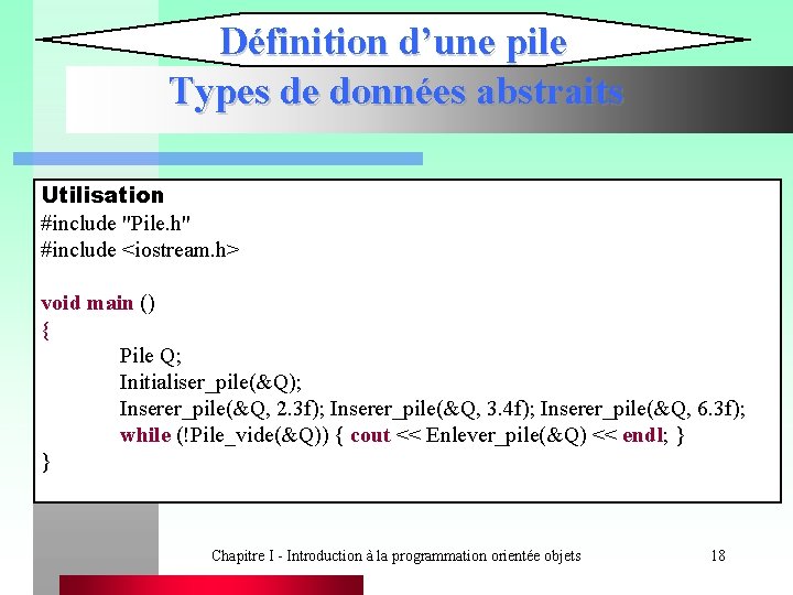 Définition d’une pile Types de données abstraits Utilisation #include "Pile. h" #include <iostream. h>