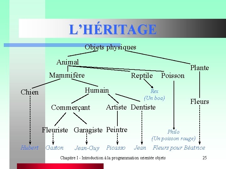 L’HÉRITAGE Objets physiques Animal Mammifère Reptile Humain Chien Commerçant Rex (Un boa) Artiste Dentiste