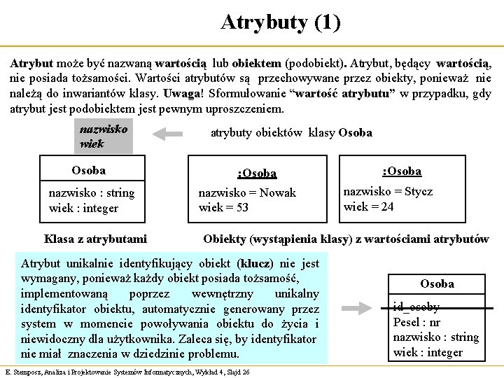 Atrybuty (1) Atrybut może być nazwaną wartością lub obiektem (podobiekt). Atrybut, będący wartością, nie