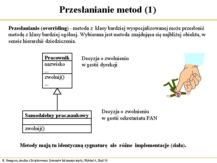 Przesłanianie metod (1) Przesłanianie (overriding) - metoda z klasy bardziej wyspecjalizowanej może przesłonić metodę