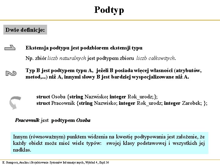 Podtyp Dwie definicje: Ekstensja podtypu jest podzbiorem ekstensji typu Np. zbiór liczb naturalnych jest