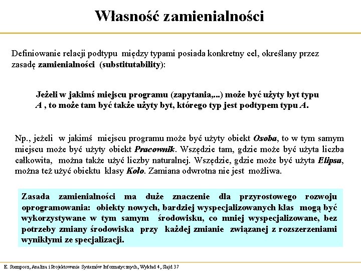 Własność zamienialności Definiowanie relacji podtypu między typami posiada konkretny cel, określany przez zasadę zamienialności