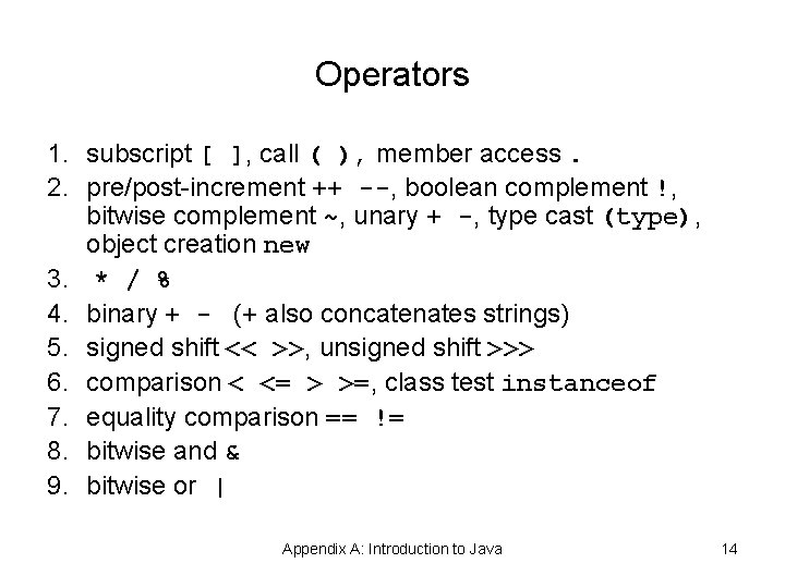 Operators 1. subscript [ ], call ( ), member access. 2. pre/post-increment ++ --,