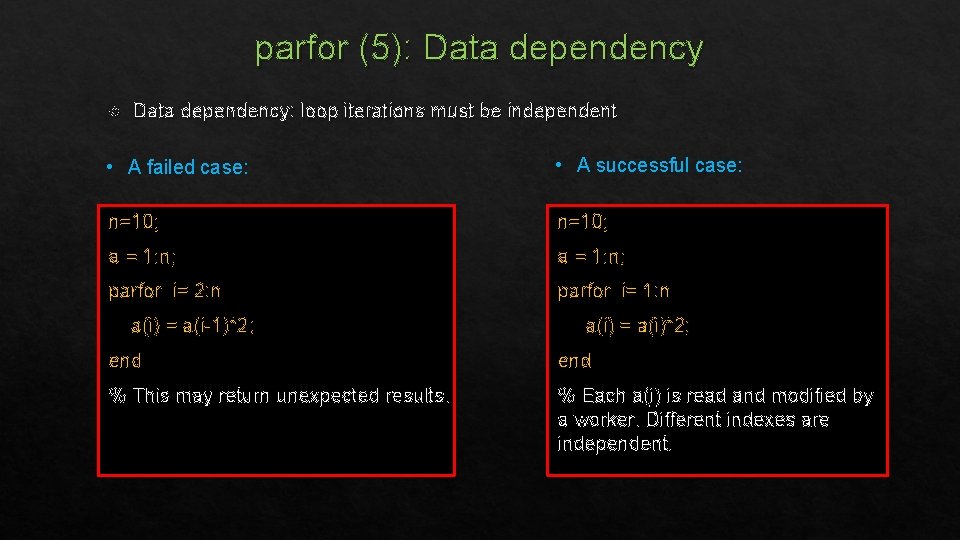 parfor (5): Data dependency: loop iterations must be independent • A failed case: •