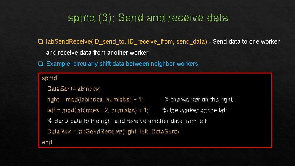 spmd (3): Send and receive data q lab. Send. Receive(ID_send_to, ID_receive_from, send_data) - Send