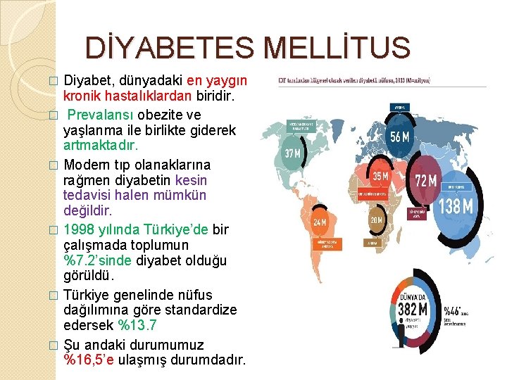 DİYABETES MELLİTUS Diyabet, dünyadaki en yaygın kronik hastalıklardan biridir. � Prevalansı obezite ve yaşlanma