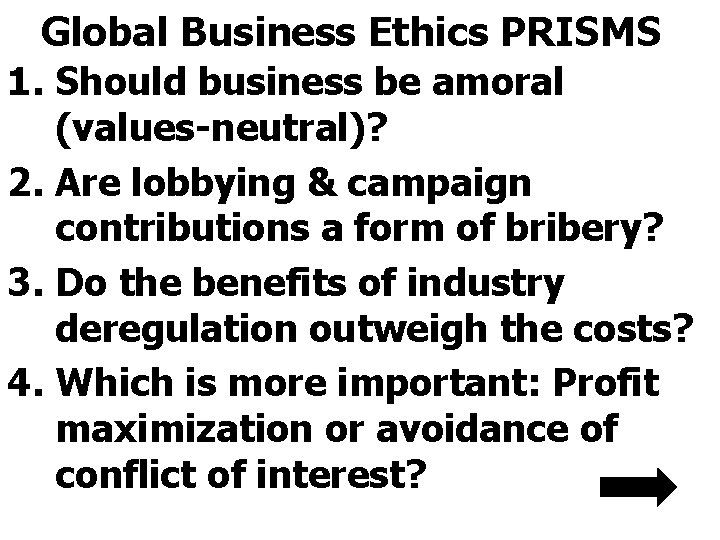 Global Business Ethics PRISMS 1. Should business be amoral (values-neutral)? 2. Are lobbying &